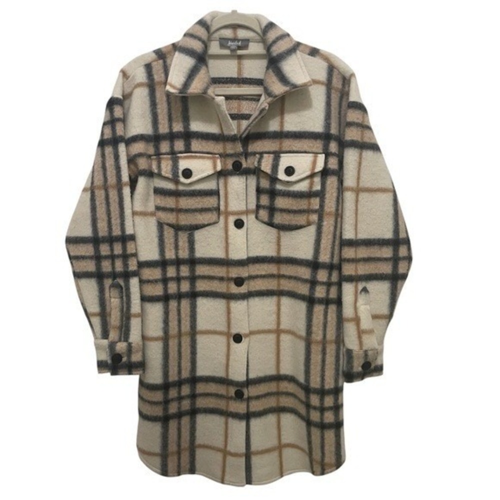 Marled Plaid Shacket Women Size S Cream Tan Black Oversized Button Up Jacket